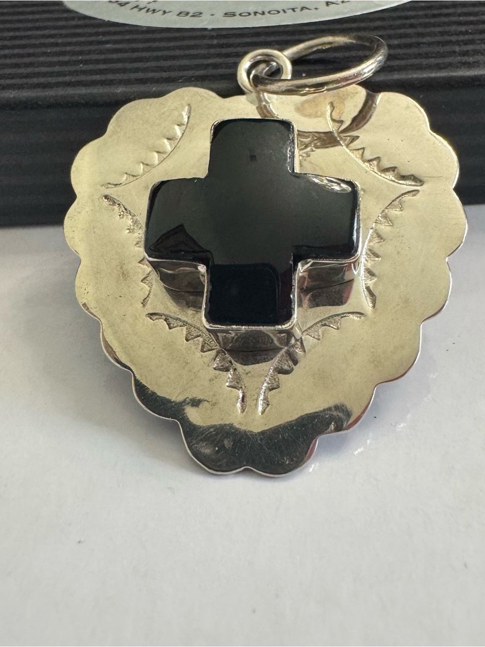 Sterling Silver Heart shaped Pendant wi/Black Onyx Cross Accent  Southwest look! - Picture 7 of 7